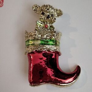 Red and Green Enamel Stocking with Gold Dog Christmas Brooch